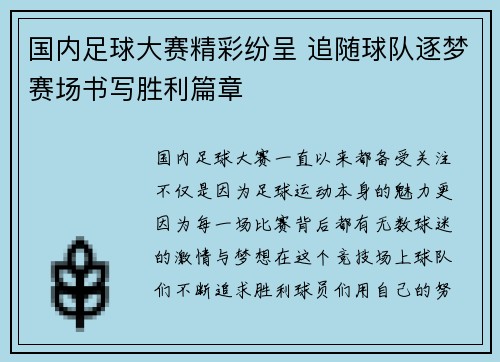 国内足球大赛精彩纷呈 追随球队逐梦赛场书写胜利篇章
